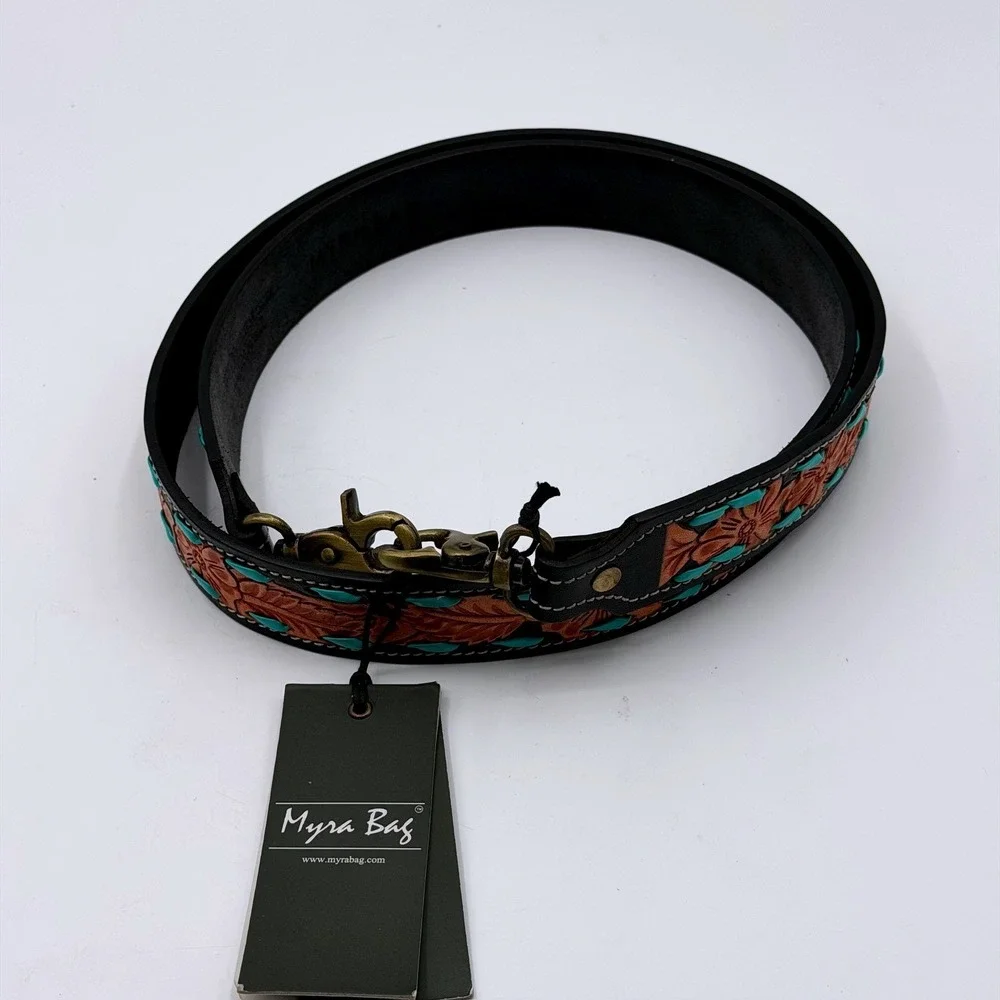 Myra Bag Floral Tooled Leather Handbag/Purse Strap Turquoise Whipstitch Black - Picture 2 of 8